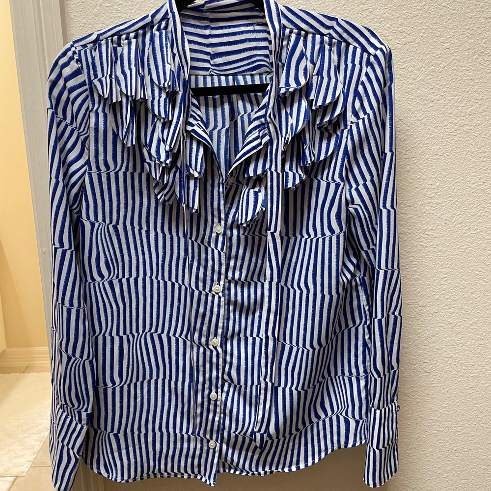 Banana Republic Blue and White Striped Ruffle Blouse